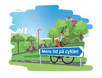 Illustration af Esbjergs vartegn i baggrunden og en cyklist, der cykler på en cykelsti i forgrunden. Cyklisten passerer et vejskilt i forgrunden med teksten 